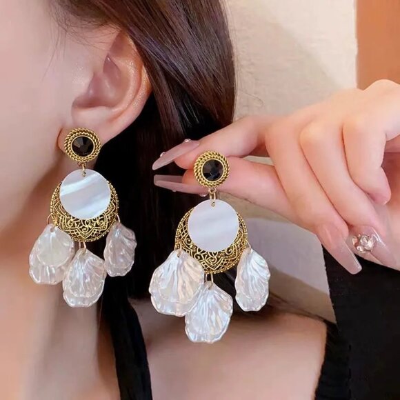 Private Label Jewelry - NEW Boho Bold Dramatic Antique Gold and Pearly White Shell Drop Earrings